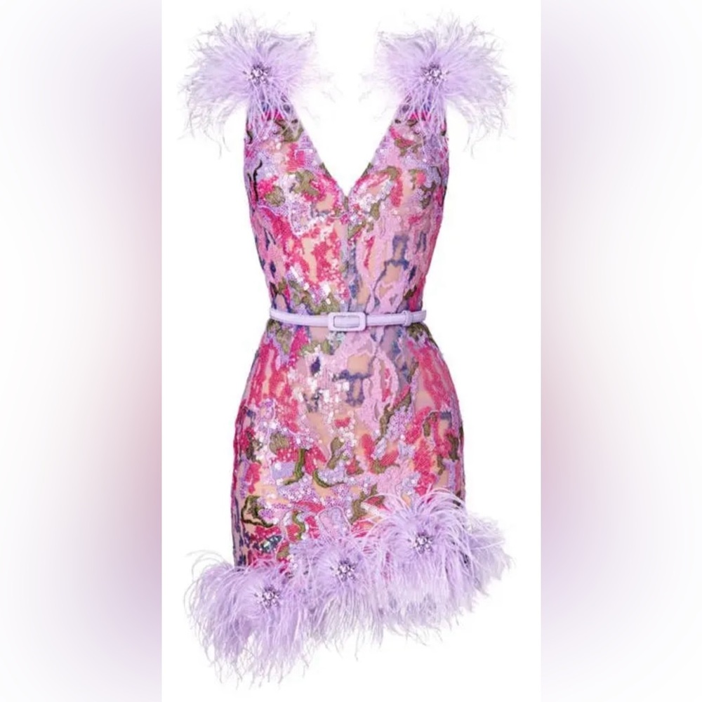 NADINE MERABI Isla Feather-Trimmed Lavender Sequin Dress (belt not included)